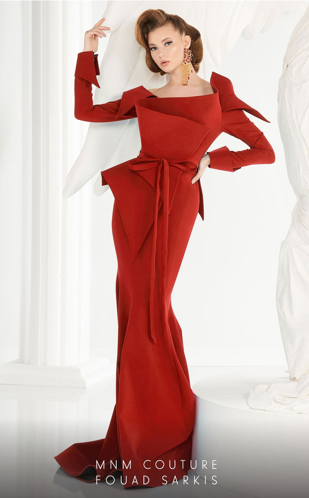 FOUAD SARKIS 2540 Square Neckline Long Sleeve Structured Peplum Mother of the Bride Dress RED / 18 FOUAD SARKIS 2540 Square Neckline Long Sleeve Structured Peplum Mother of the Bride Dress RED / 18