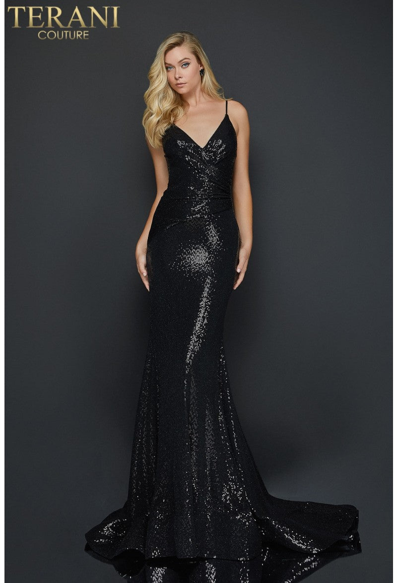 Terani Couture 2011P1032 Elegant Prom V-Neck Trumpet Long Formal Premium Dress - Black / 4