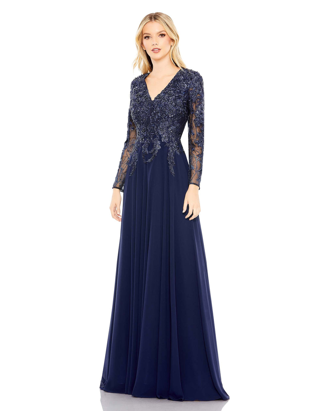 Embroidered Illusion Long Sleeve V Neck Gown - FOSTANI
