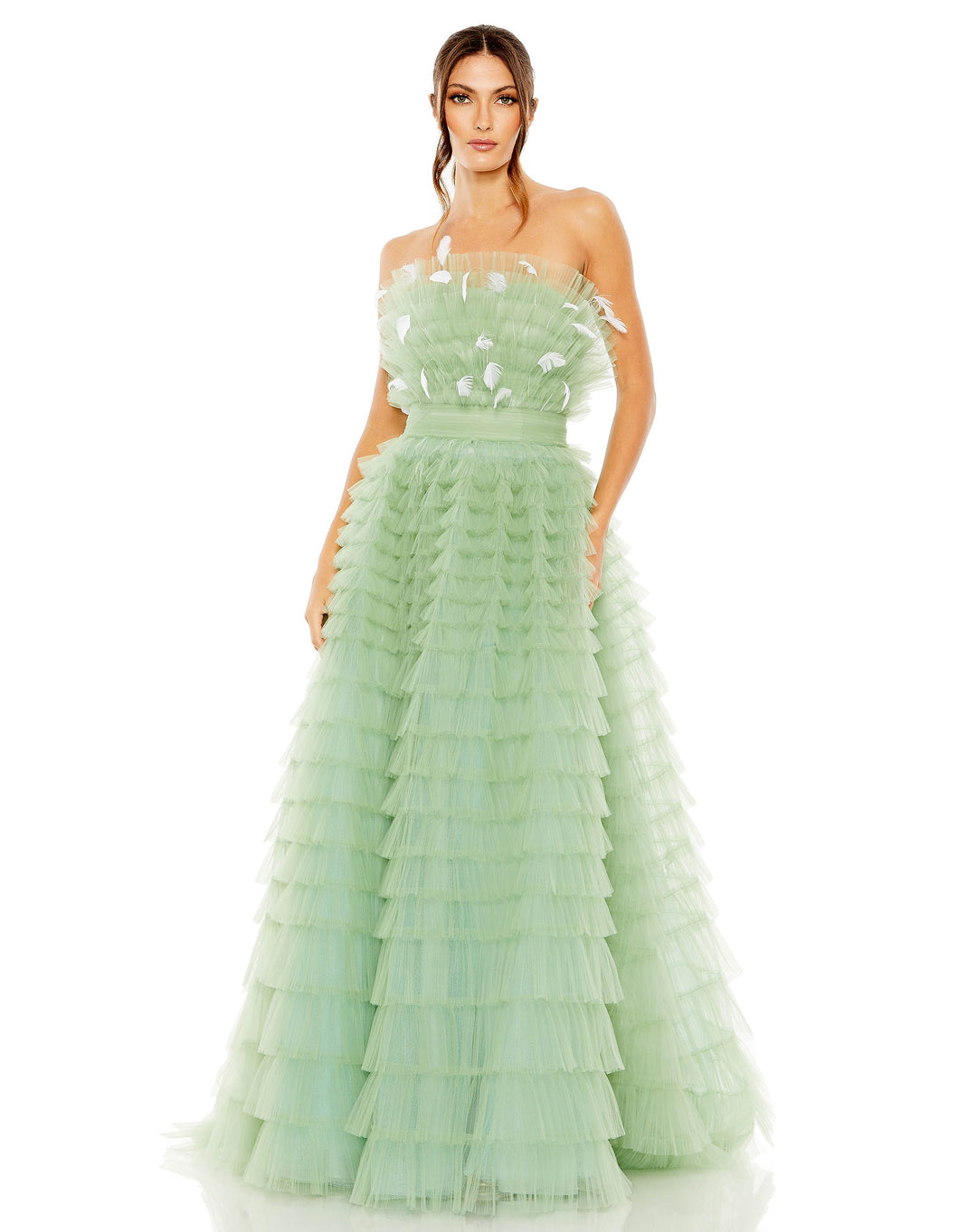 Strapless Ruffle Gown with Feathers - FOSTANI