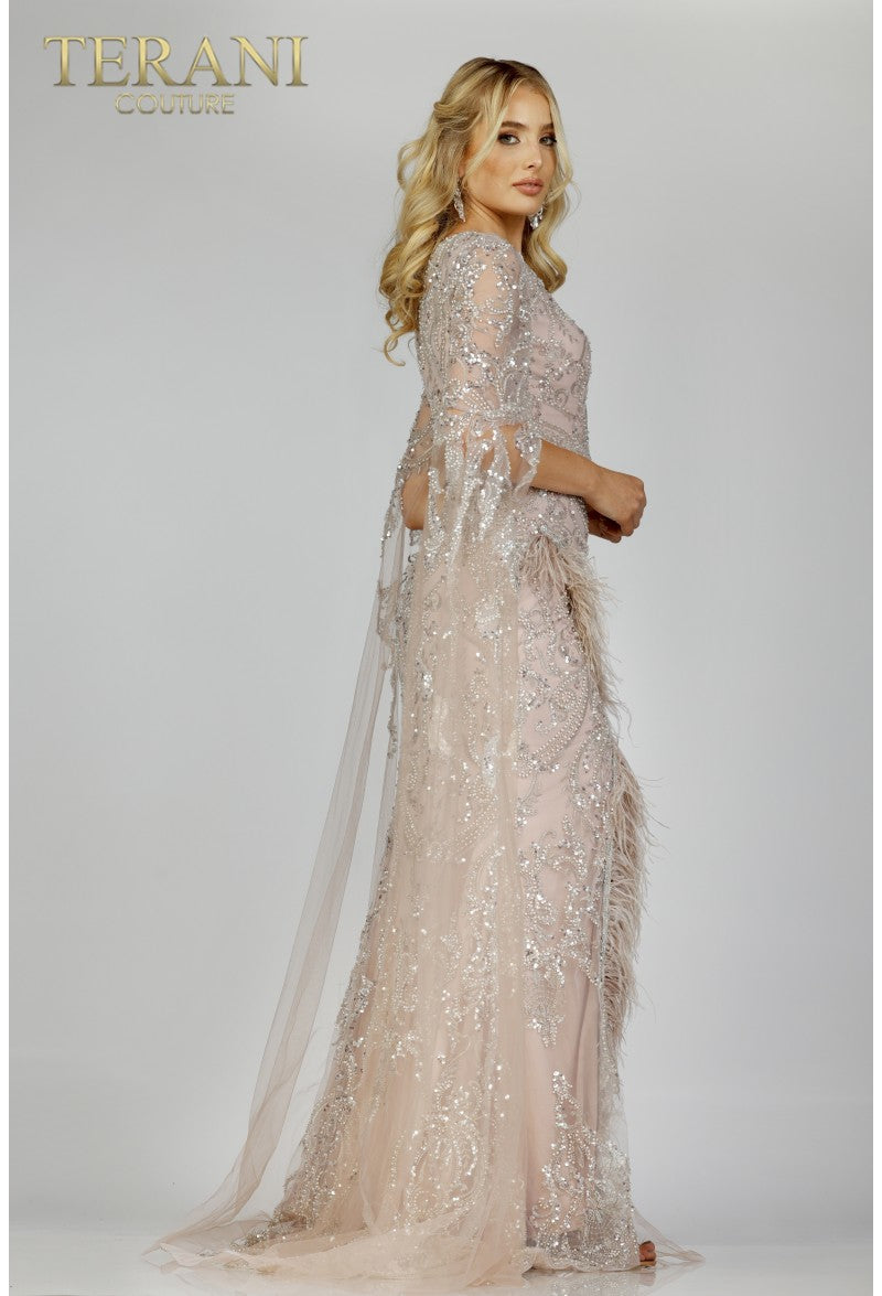 Terani Couture Long Sleeve Feather Trim Beaded Gown, Womens, 2, Mauve