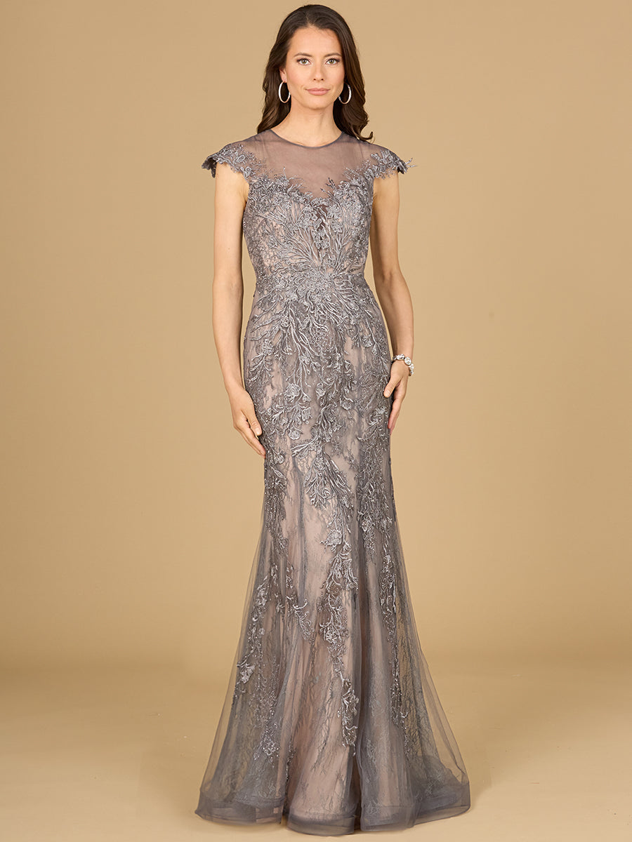 Lara 29134 - Sheath Lace Gown with Cap Sleeves - FOSTANI