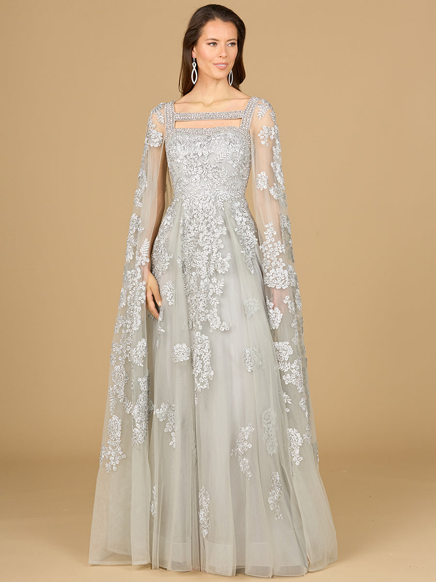 Lara 29138 - Lace Gown with Long Cape Sleeves - FOSTANI