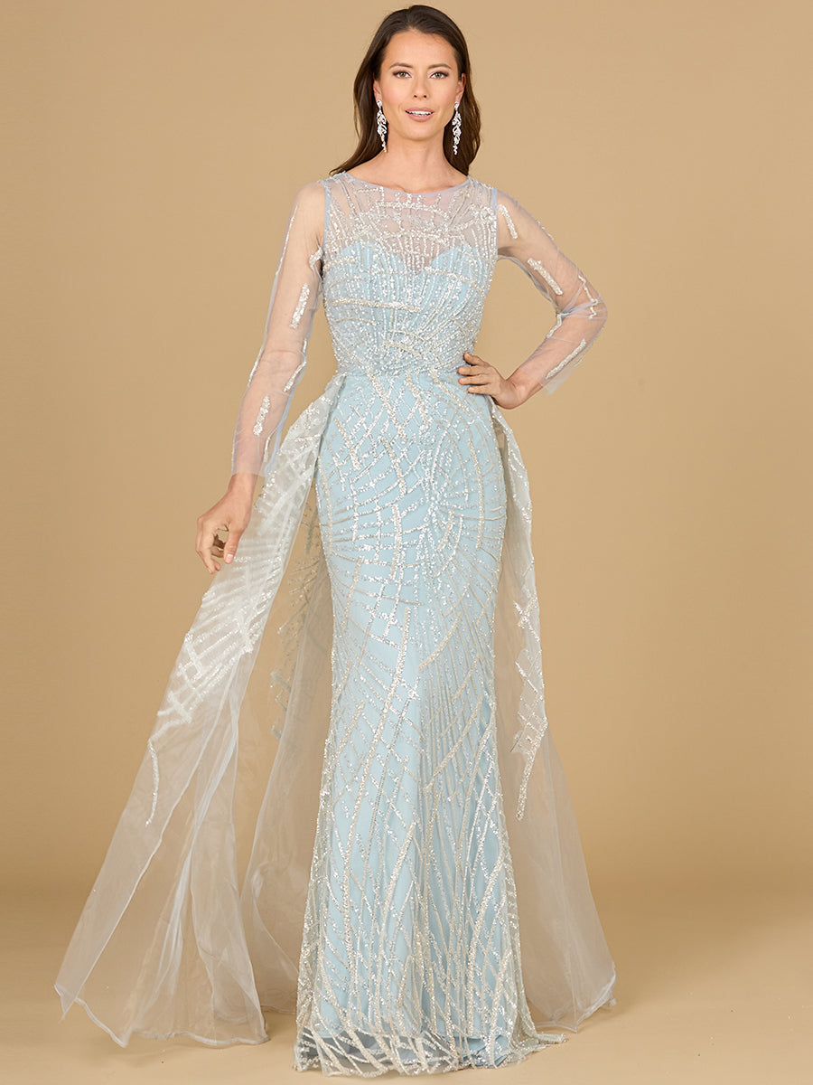 Lara 29146 - Long Sleeve Lace Gown with Tulle Overskirt - FOSTANI