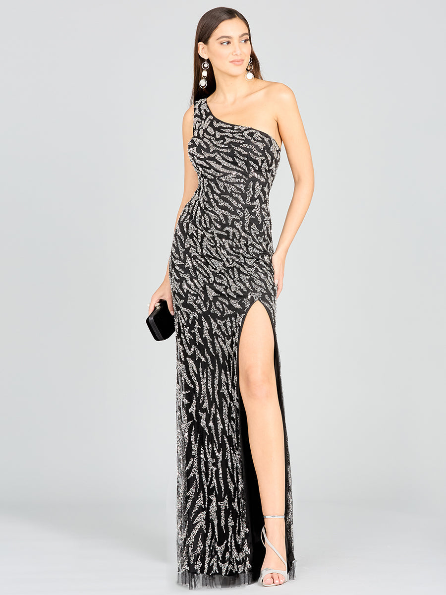 Lara 29170 - One-Shoulder Beaded Gown with High Slit - FOSTANI