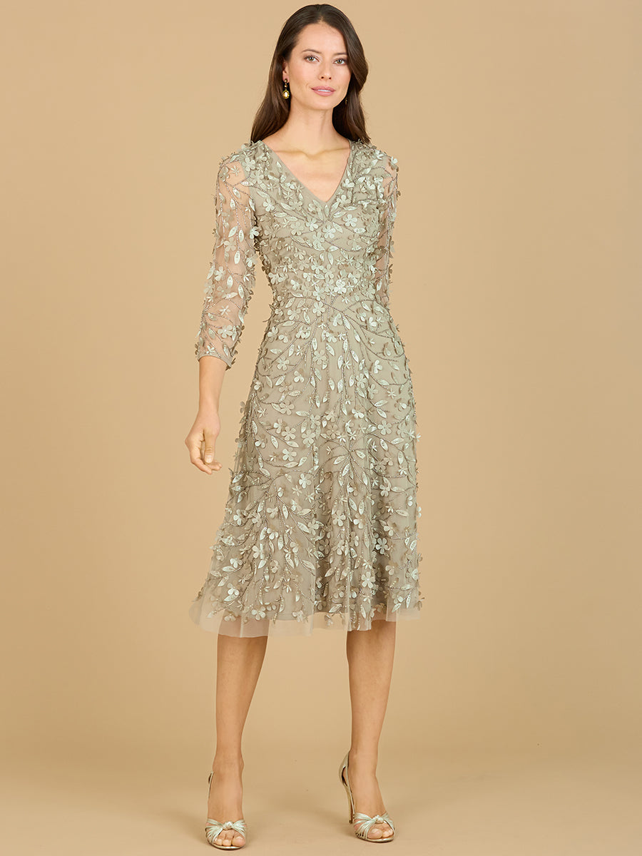 Lara 29184 - Flowing, 3D Embroidered Midi Dress with Sleeves - FOSTANI