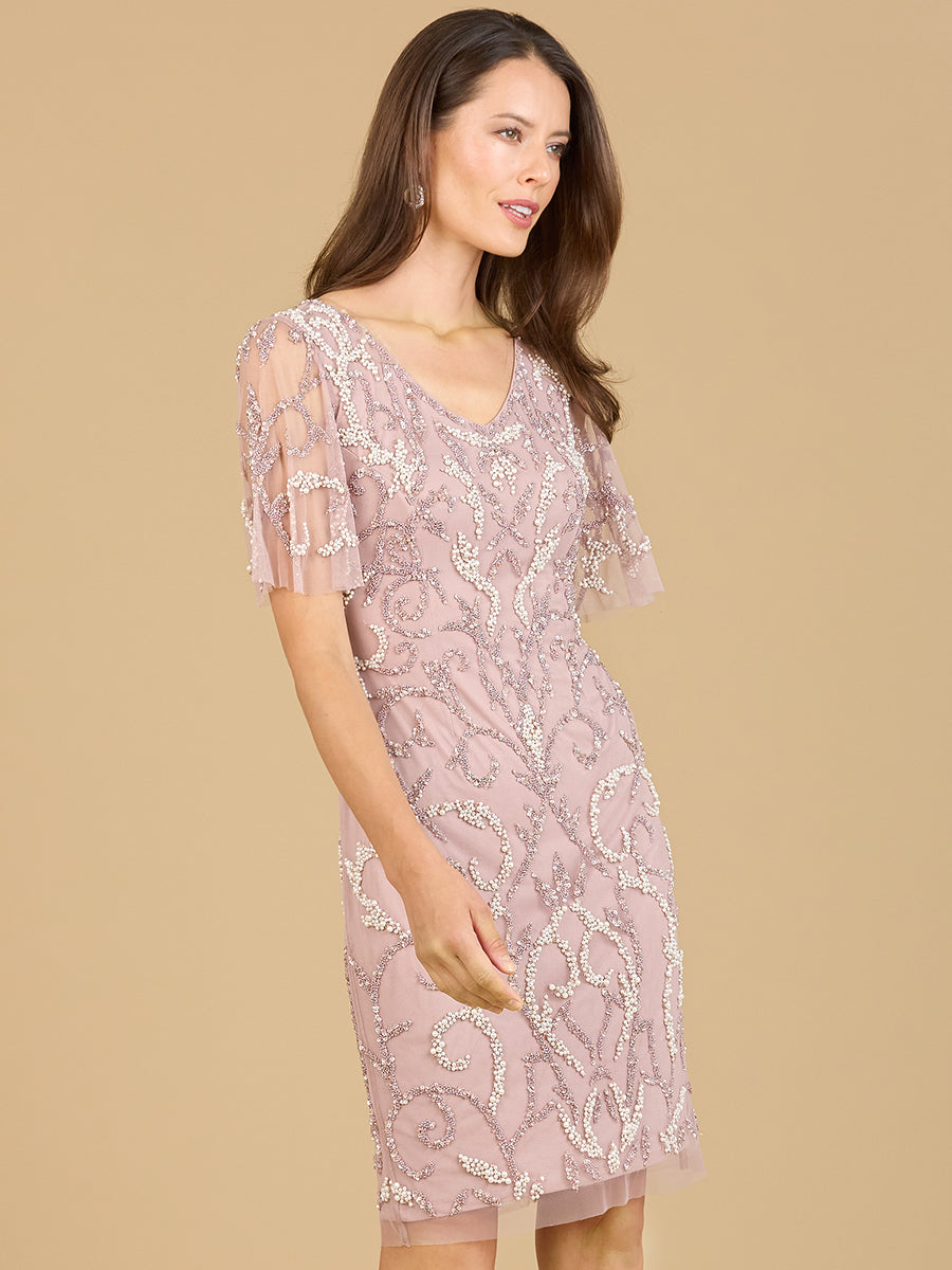 Lara 29185 - Beaded Short Dress with Cape Sleeves - FOSTANI
