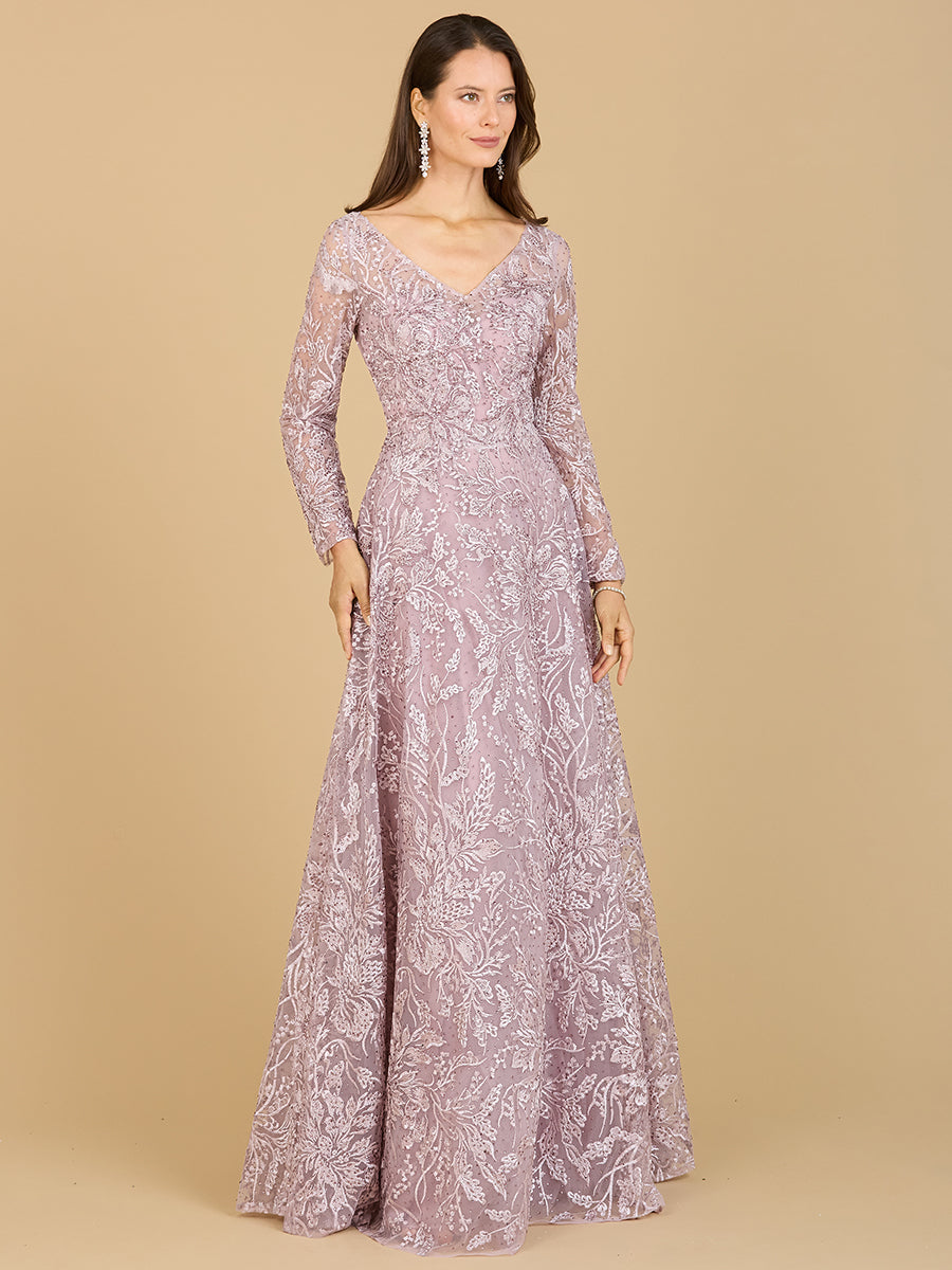 Lara 29200 - A-line Gown With Long Sleeves, V-Neckline - FOSTANI
