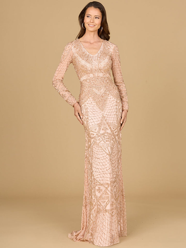 Lara 29215 - Long Sleeve Beaded Dress - FOSTANI
