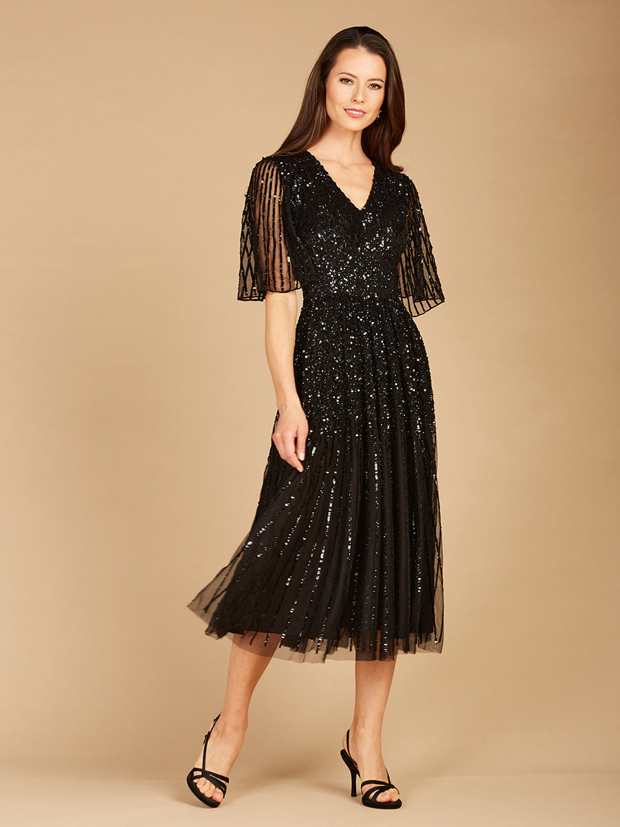 lara formal glitter dress Women's Flowing, Sequin Midi with Short Sleeves - Champagne Color:Blue Print ID22069 Ladies Dresses | Deus spaghetti straps and a