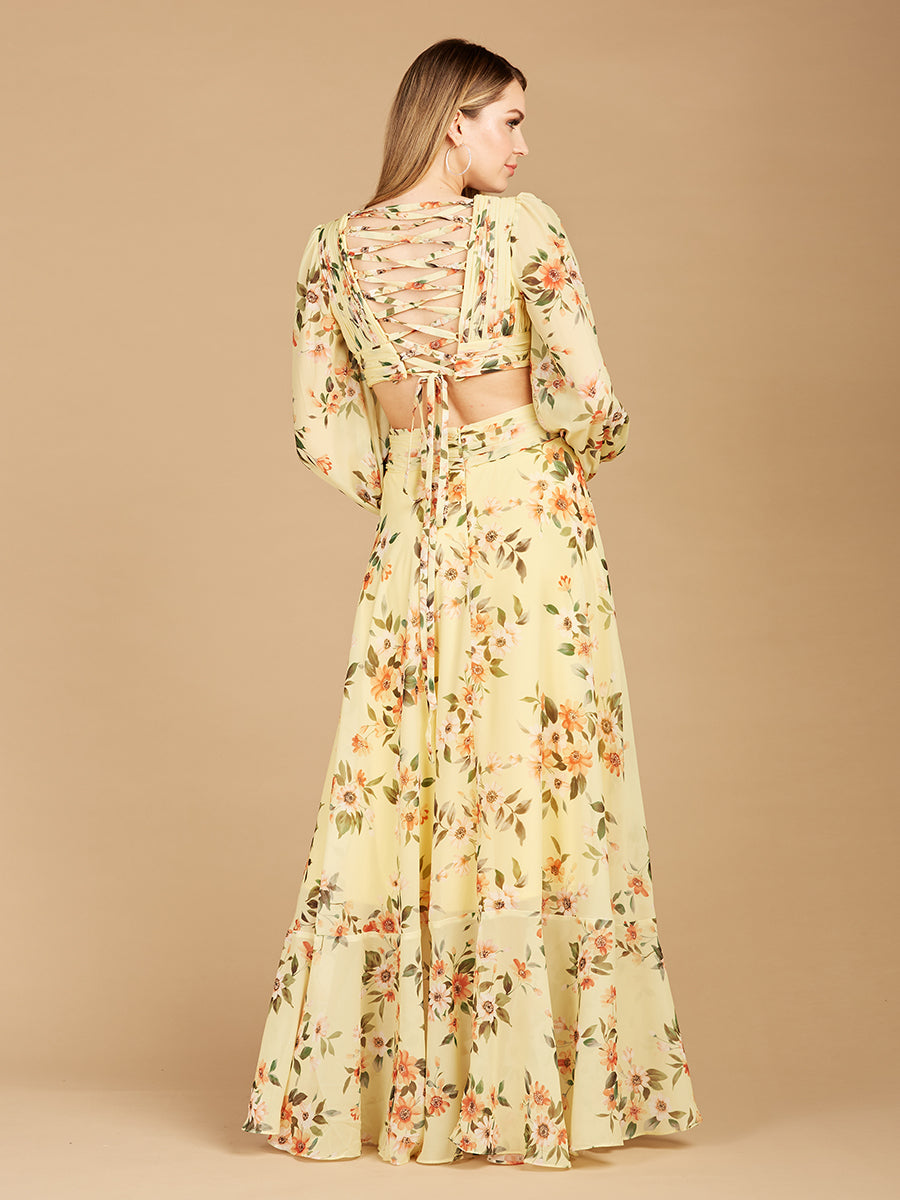Lara 29245 - Long Sleeve V-Neck, Layered Skirt Print Dress - FOSTANI