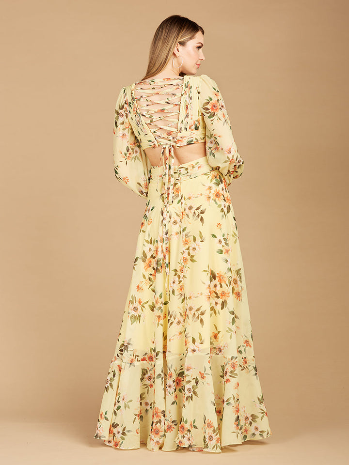 Lara 29245 - Long Sleeve V-Neck, Layered Skirt Print Dress - FOSTANI