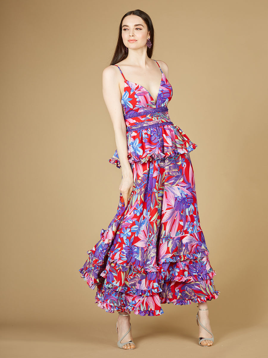 Lara 29268 - Ruffle Skirt Printed Gown - FOSTANI