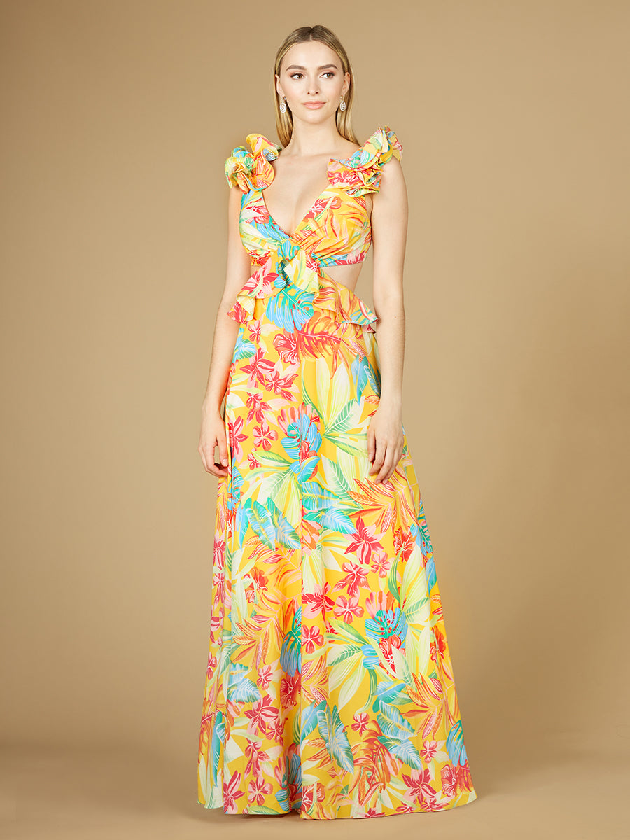Lara 29270 - V-Neck Long Print Gown with Ruffled Straps - FOSTANI