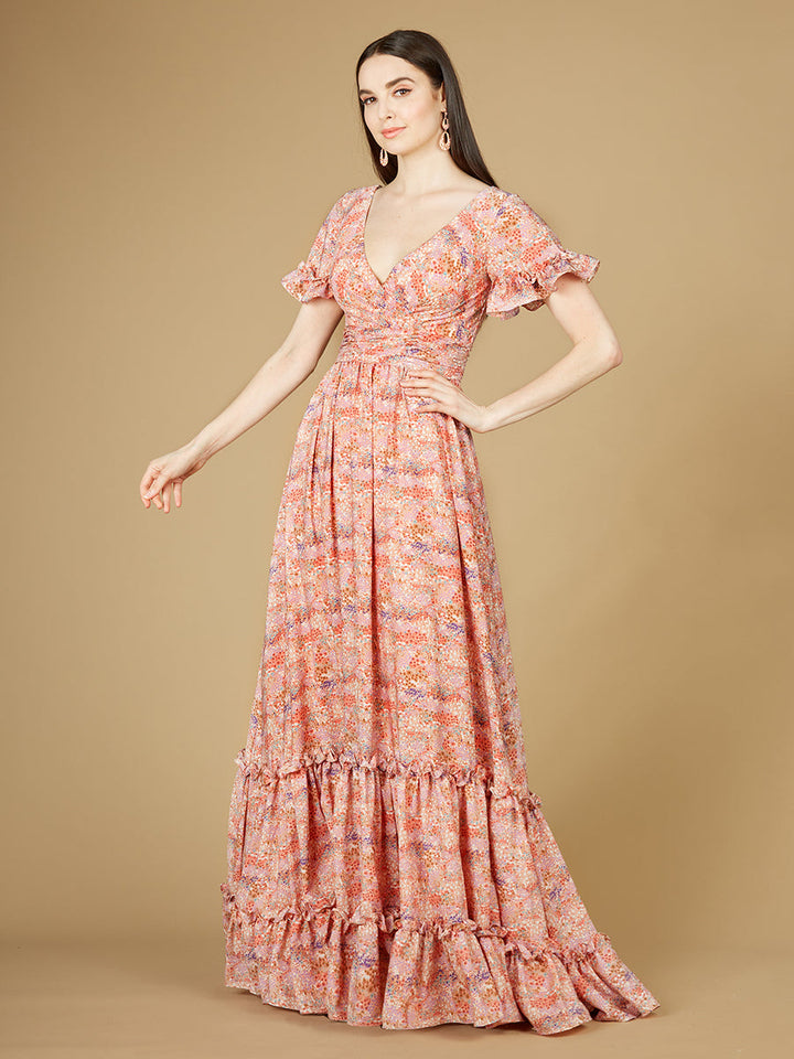 Lara 29273 - Long Print Gown with Cap Sleeves - FOSTANI