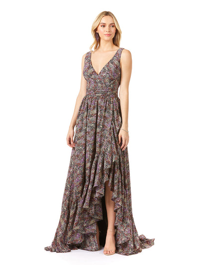 Lara 29274 - V-Neck Long Print Gown Hi-Low Wrap - FOSTANI