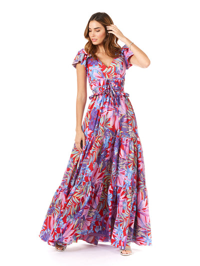 Lara 29276 - V-Neck Long Print Gown with Cap Sleeves - FOSTANI