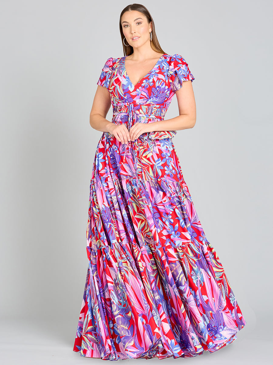 Lara 29276 - V-Neck Long Print Gown with Cap Sleeves - FOSTANI