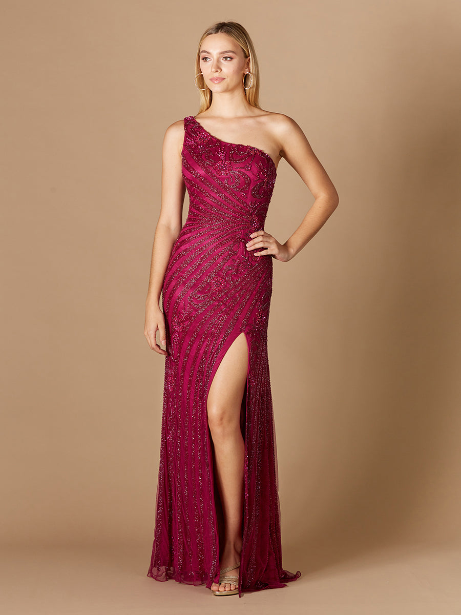 Lara 29283 - One-Shoulder Beaded Gown with Slit - FOSTANI