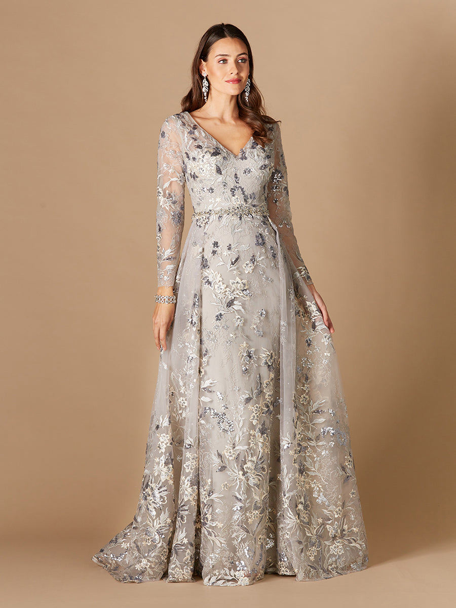 Lara 29328 - Long Sleeve V-Neck Gown with Attached Overskirt - FOSTANI