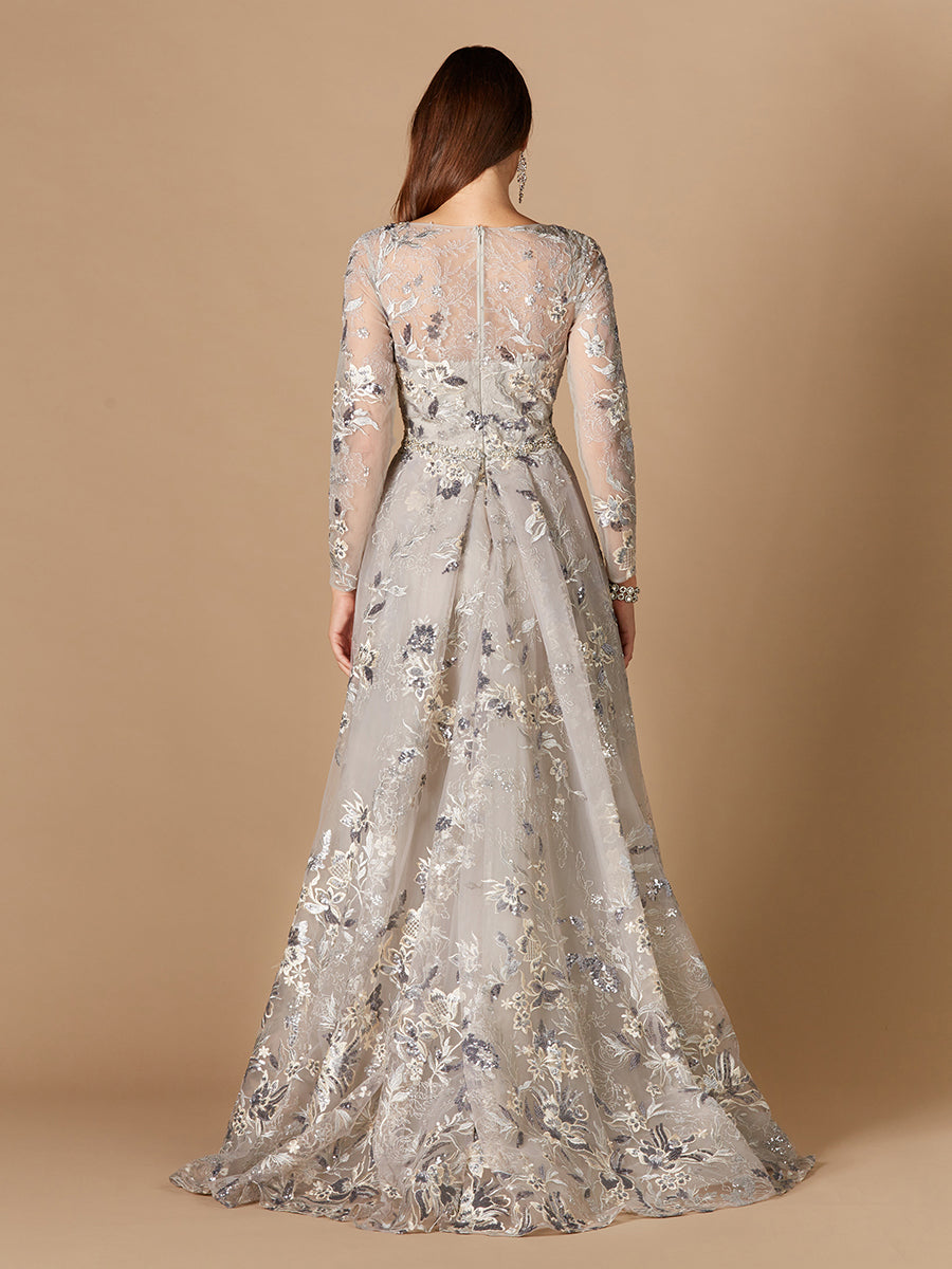 Lara 29328 - Long Sleeve V-Neck Gown with Attached Overskirt - FOSTANI