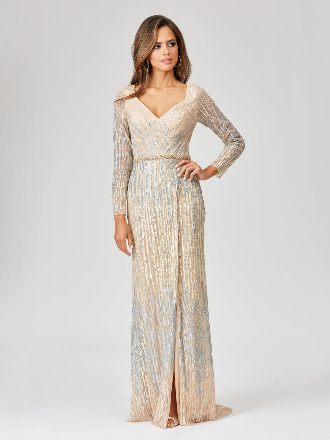 Lara 29467 - Long Sleeve Lace Gown with Wrap Skirt - FOSTANI