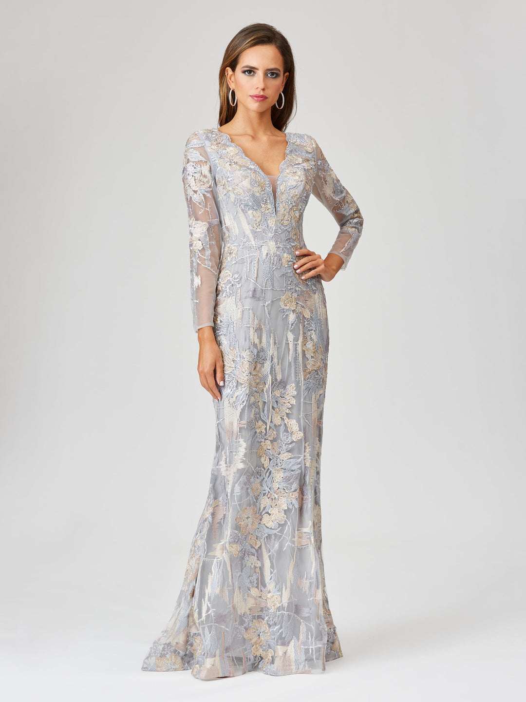 Lara 29468 - Long Sleeve Lace Gown with Removable Over Skirt - FOSTANI