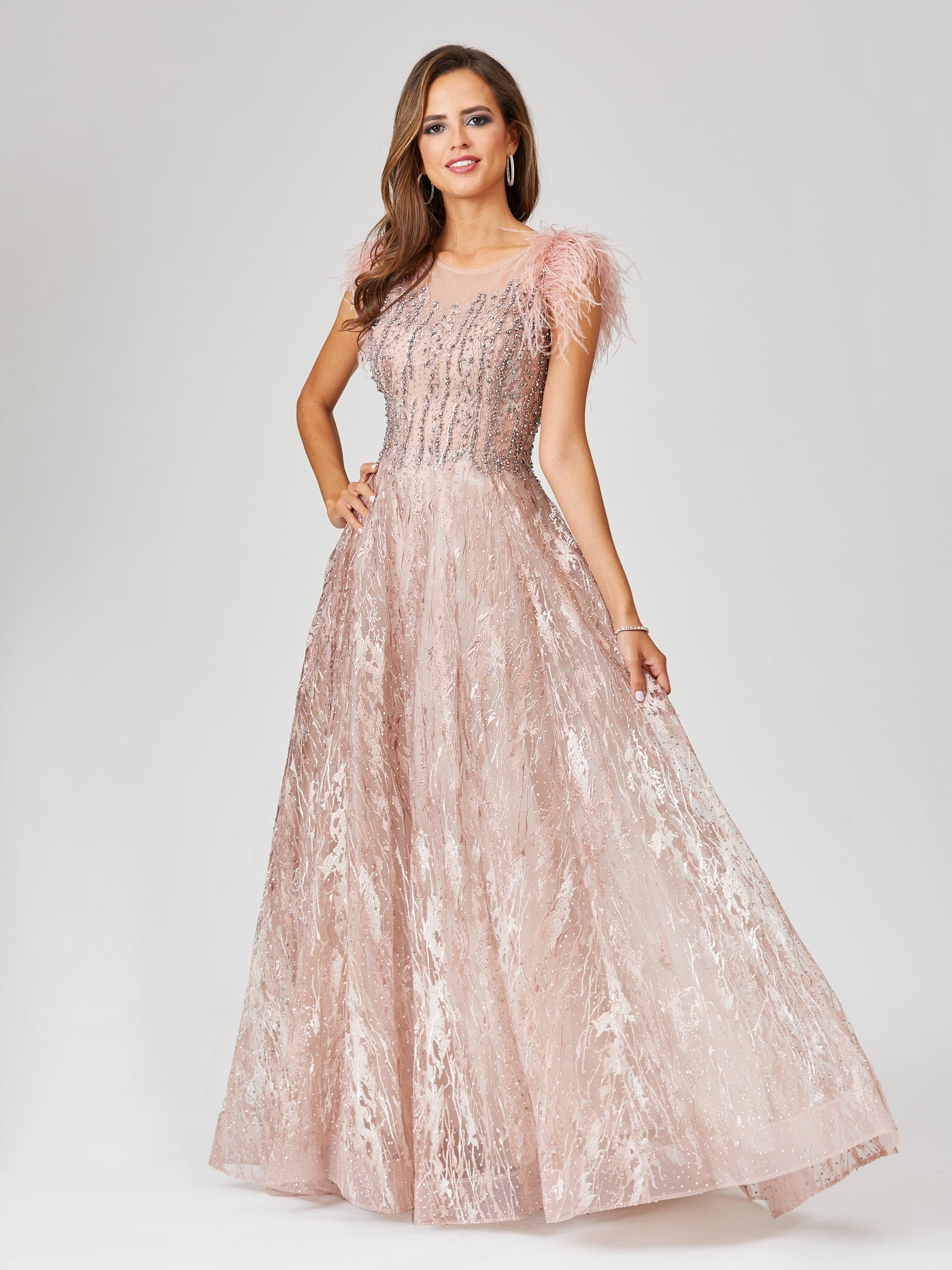 Lara 29475 - Lace ballgown with Feather Cap Sleeves - FOSTANI