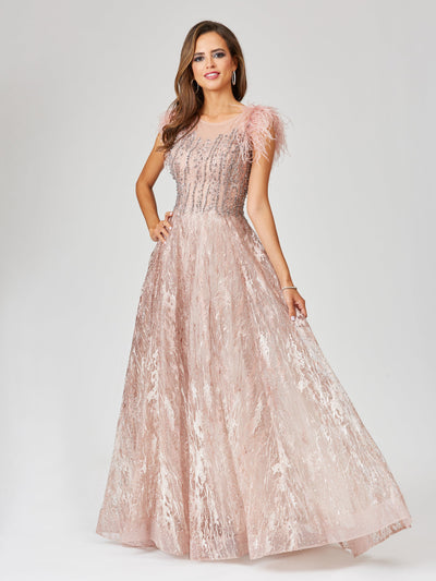 Lara 29475 - Lace ballgown with Feather Cap Sleeves - FOSTANI