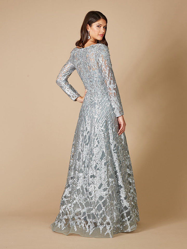 Lara 29476- Long Sleeve Lace Ballgown with V-Neckline - FOSTANI