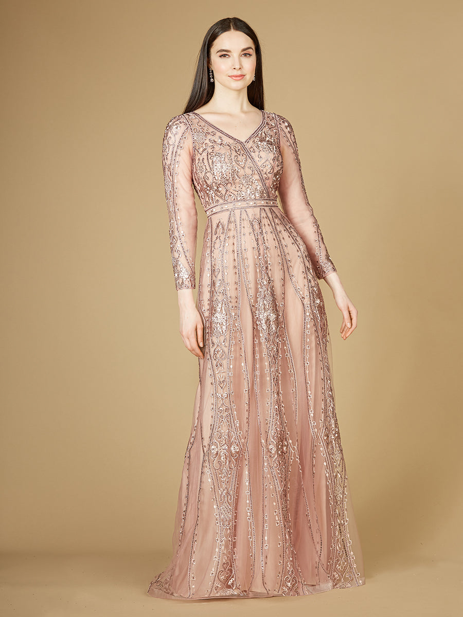 Lara 29788 - Long Illusion Sleeves, A-line Long Gown - FOSTANI