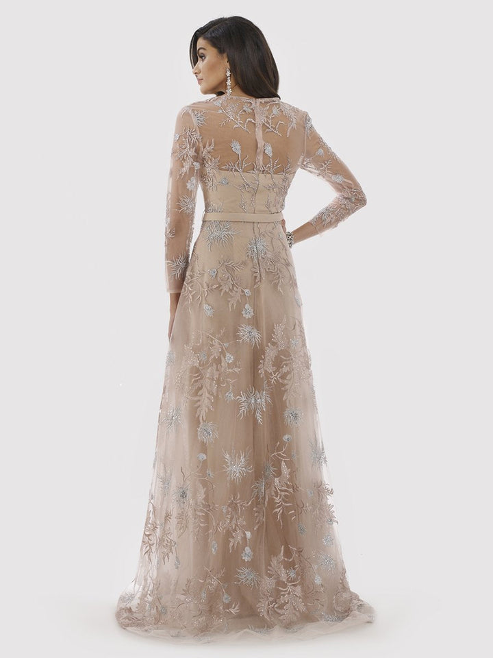 Lara 29796 - Sheer Long Sleeve Beaded A-Line Gown - FOSTANI