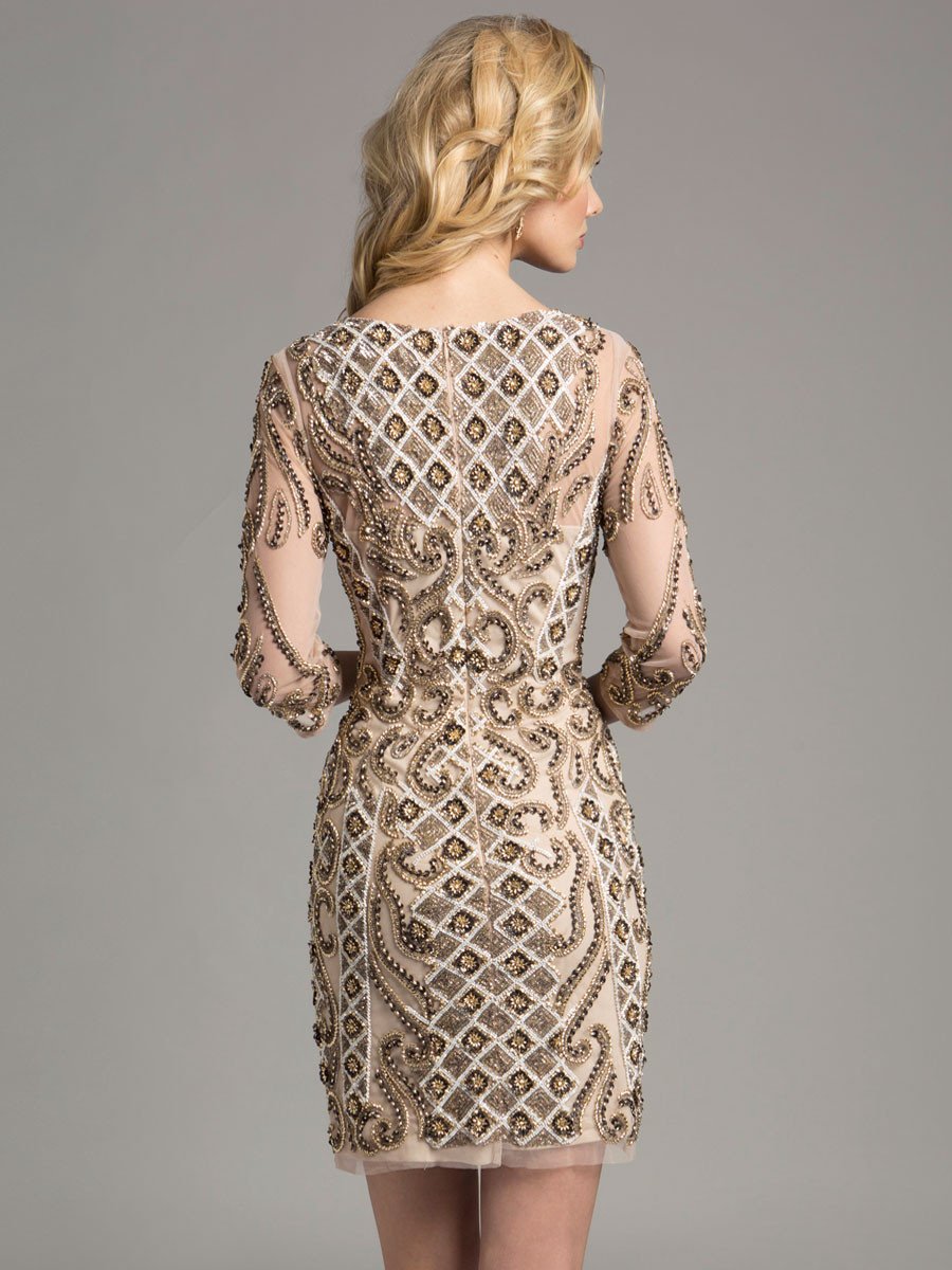 Lara 33271 - Beaded Short Dress with Long Sleeves - FOSTANI