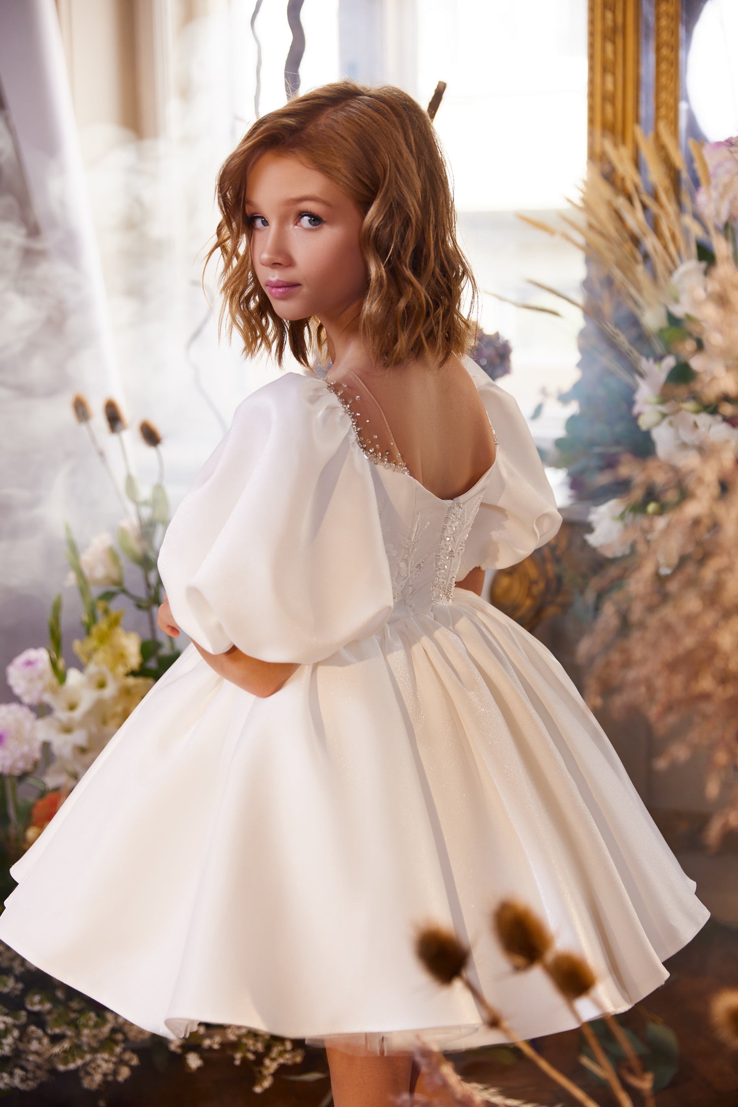 Pentelei 3406 Square Neck Puff Sleeve Ball Gown Kids Dress | FOSTANI