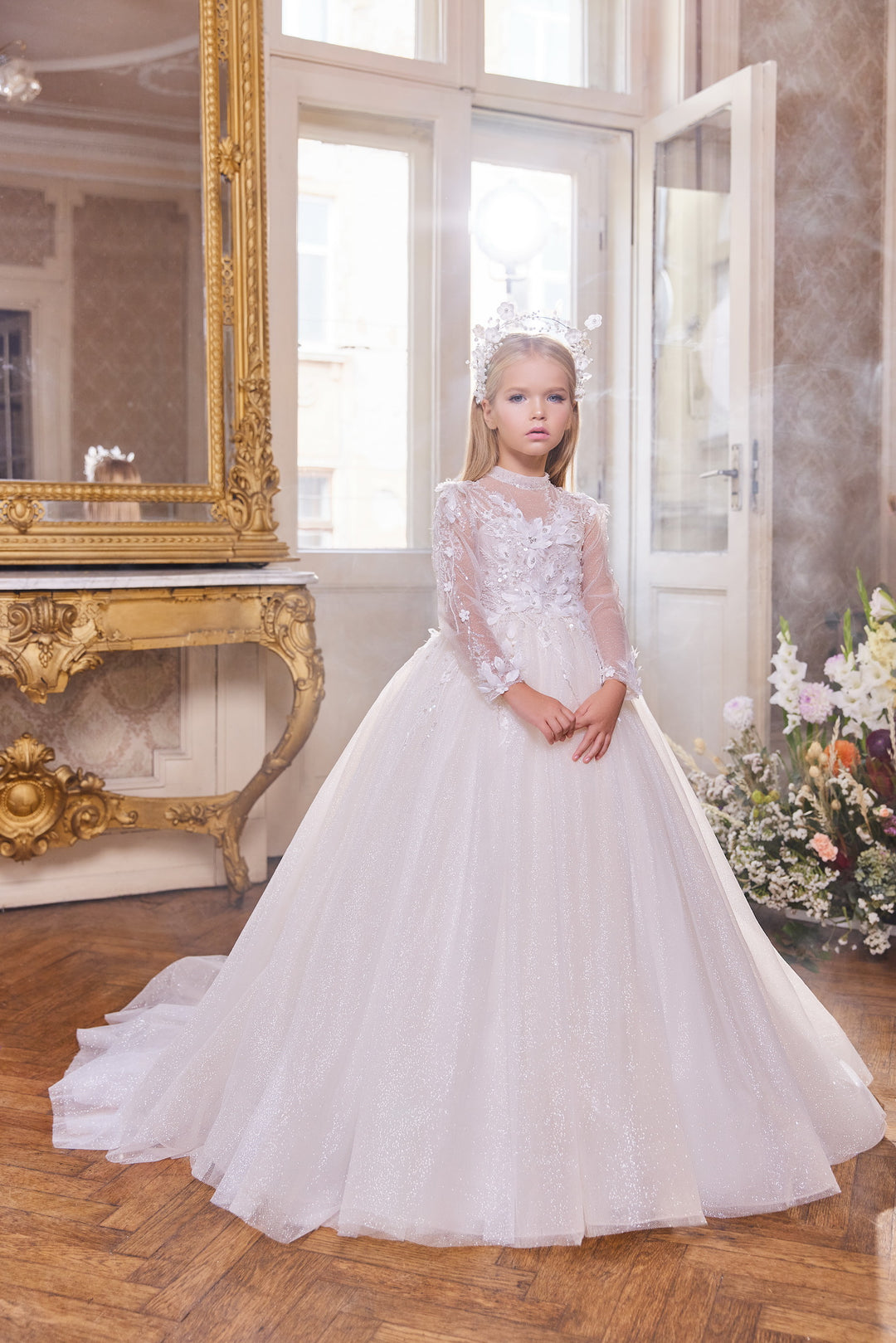Pentelei 3415 Illusion Neckline Long Sleeves Ball Gown Kids Dress