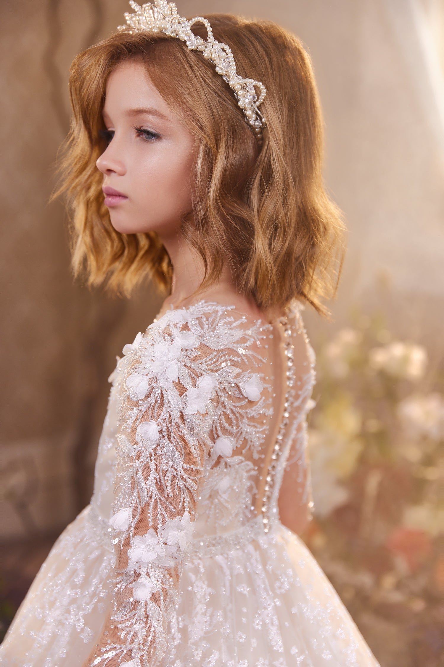 Pentelei 3428 Scoop Illusion Neckline Long Sleeves Ball Gown Kids