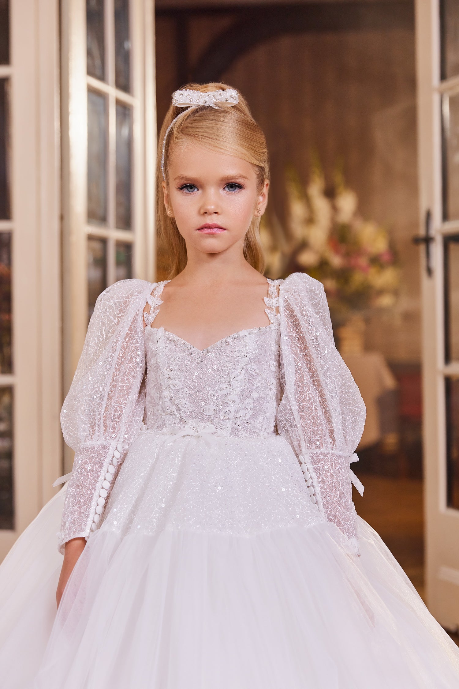 Pentelei 3433 Sweetheart Neckline Puff Sleeves Corset Lace Up Kids