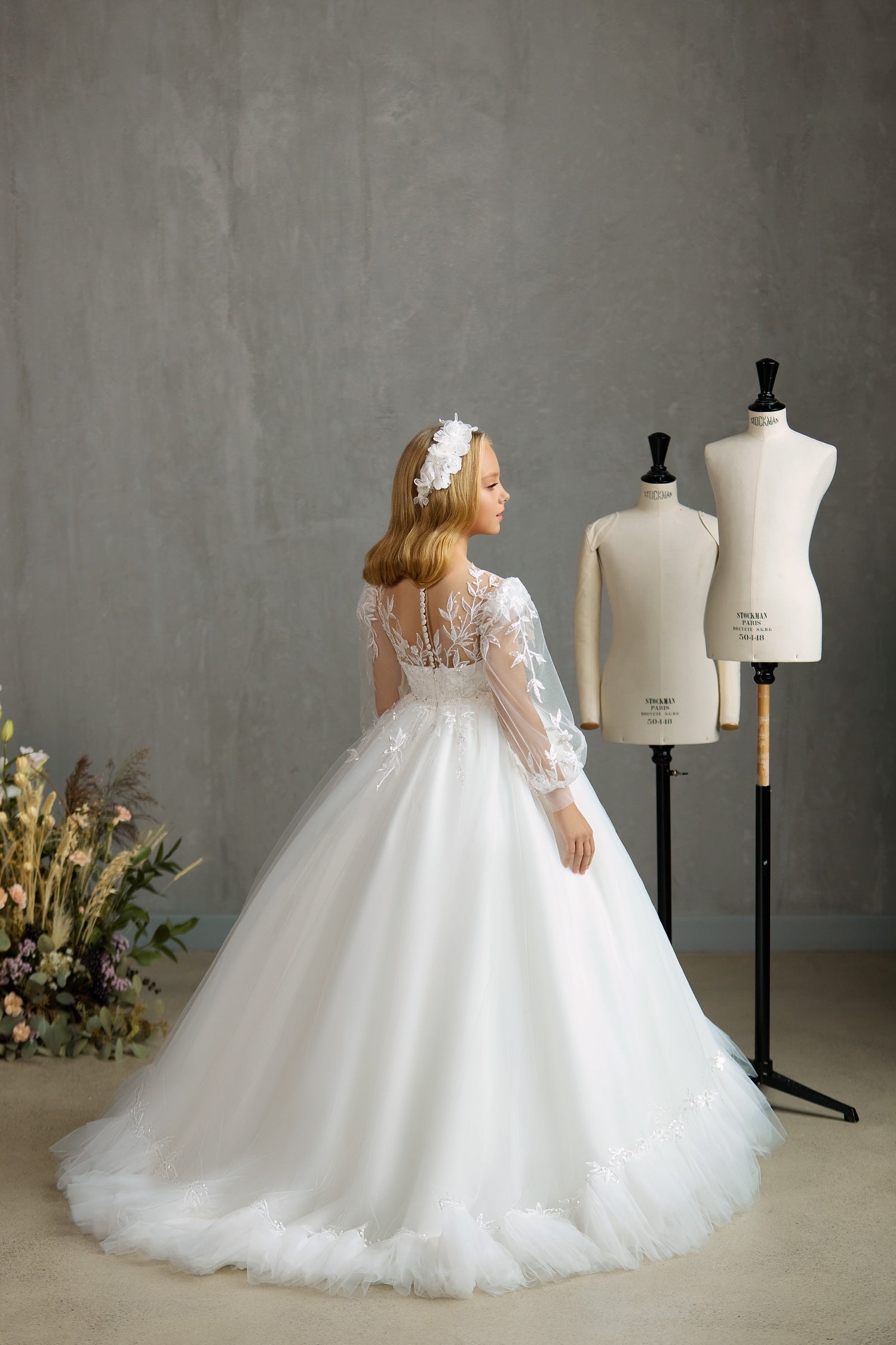 Pentelei 3511 Illusion Neckline Long Puff Sleeves Layered Tulle