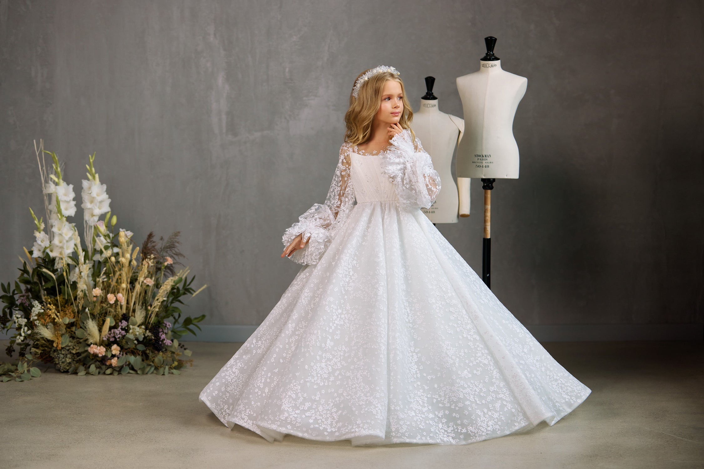 long dress kids wedding Pentelei 3519 Illusion Neckline Long Ruffled Sleeves Floral Kids Dress