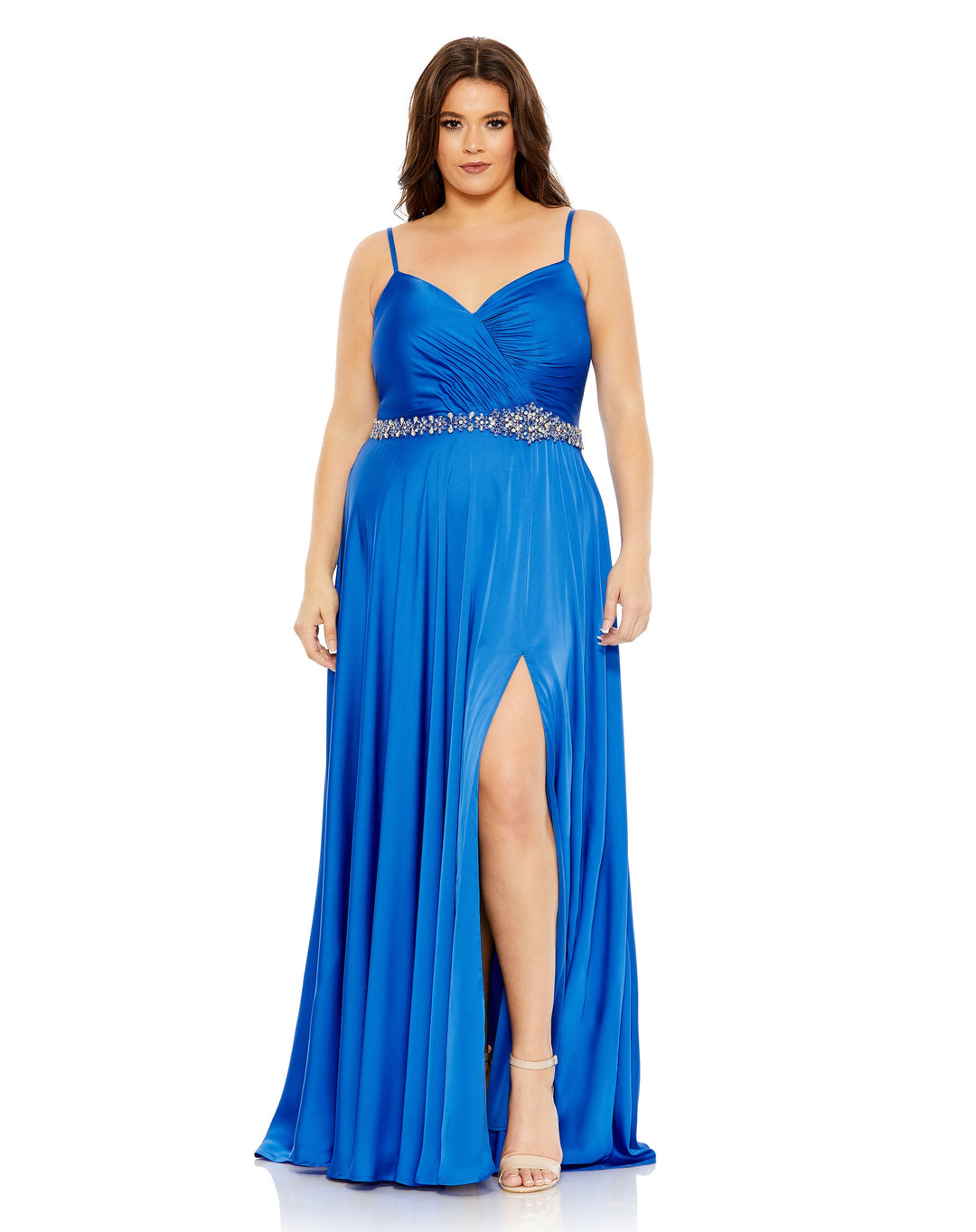 Mac Duggal - Blue Beaded Belt Faux Wrap A Line Gown (Plus) - FINAL SALE - Cobalt / US 20W Mac Duggal - Blue Beaded Belt Faux Wrap A Line Gown (Plus) - FINAL SALE - Cobalt / US 20W