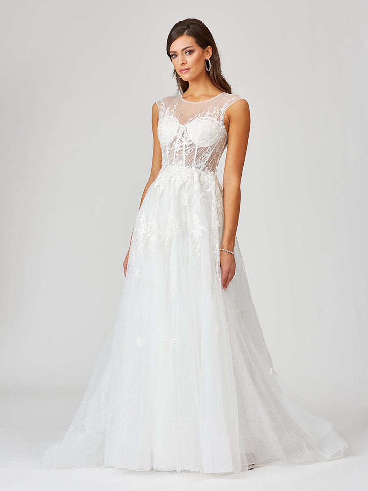 Lara 51044 - Sheer Bodice Lace Bridal Gown - FOSTANI