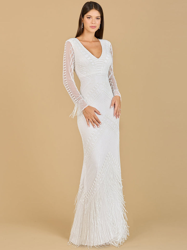 Lara 51139 - Long Sleeve Fringe Bridal Gown - FOSTANI