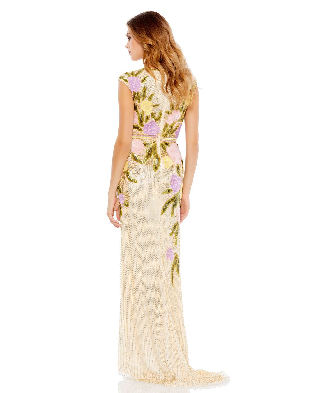 Plunging Floral Beaded Evening Gown - FOSTANI