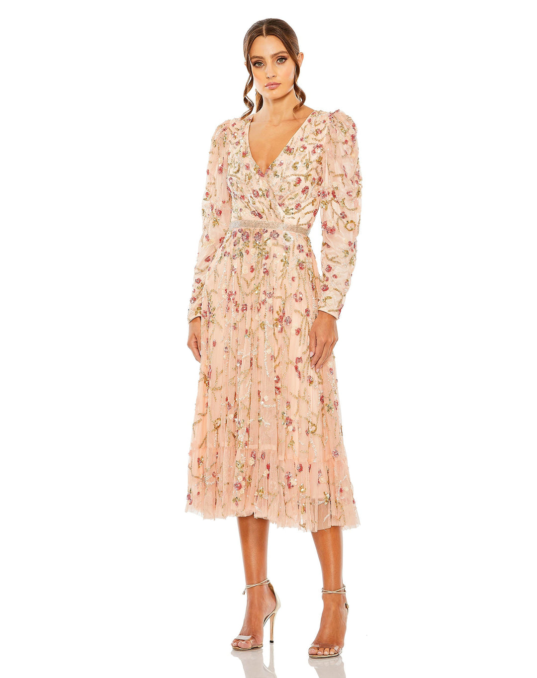 Floral Embellished Wrap Over Puff Sleeve A Line Gown - FOSTANI