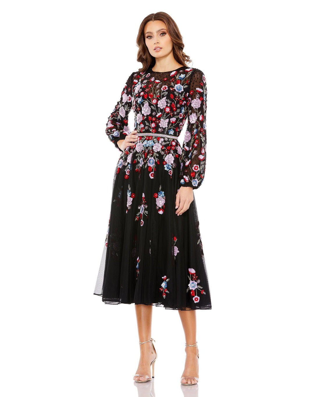 Sequined Floral High Neck Puff Sleeve Cocktail Dress - FOSTANI