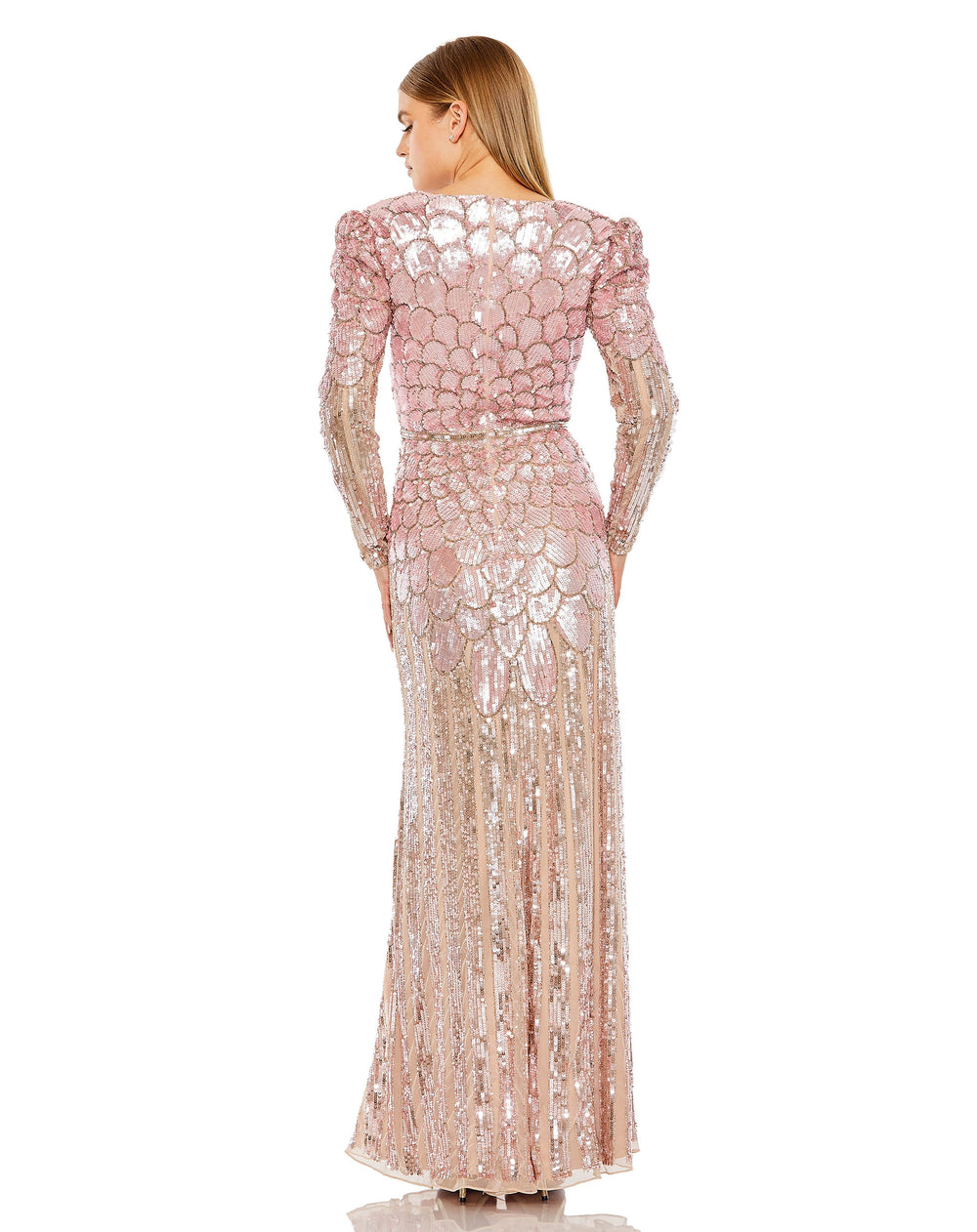 All Over Sequined Long Sleeve V Neck Gown - FOSTANI