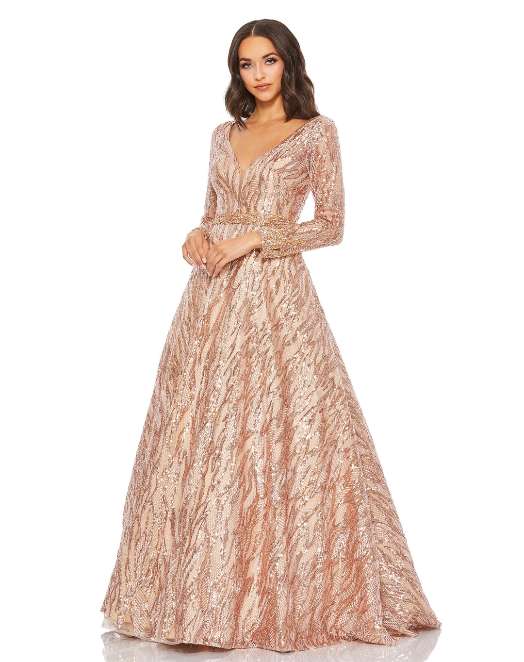 Long Sleeve Sequined Ballgown - FOSTANI