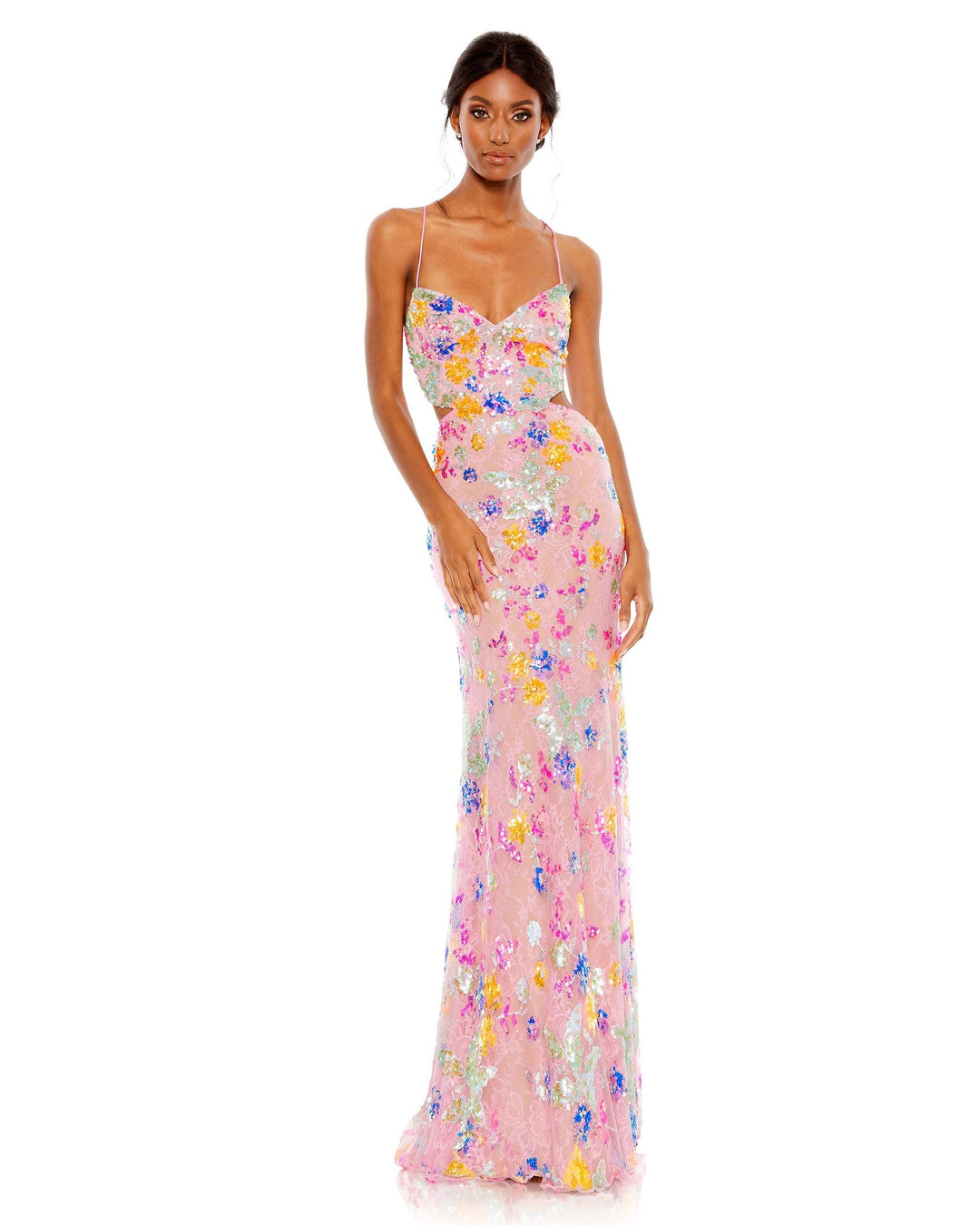 Mac Duggal - Pink Embellished Lace Strappy Column Gown - Pink Multi / US 6 Mac Duggal - Pink Embellished Lace Strappy Column Gown - Pink Multi / US 6