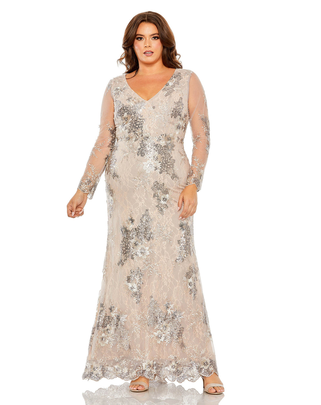 V Neck Mesh Long Sleeve Embroidered Gown - FOSTANI