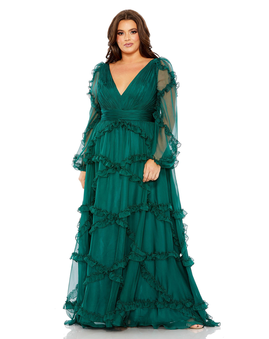 V Neck Ruffle Tiered Puff Sleeve Gown - FOSTANI